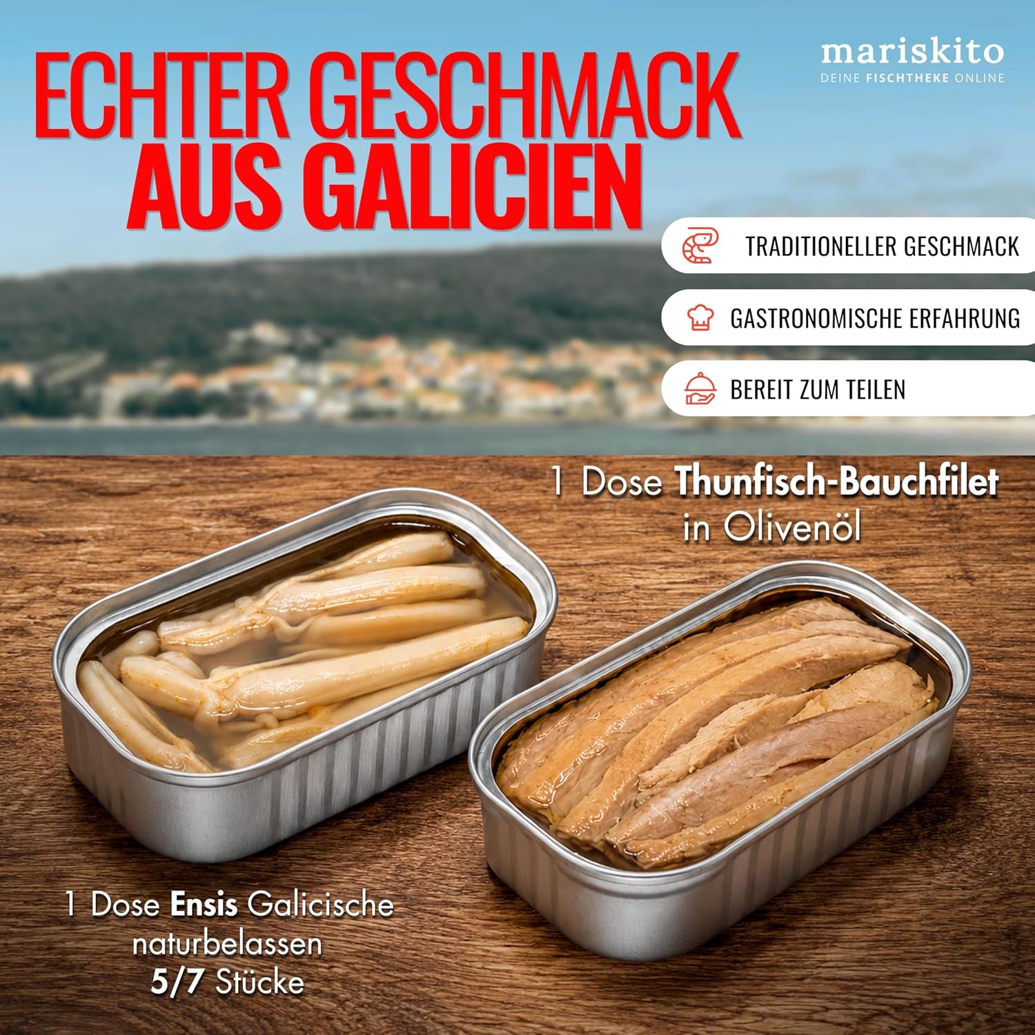 MARISKITO Galician Deli Preserves Set La Mar de Sensaciones - Gift Box 6 Premium Canned Foods - Mussels, Octopus, Ensis, Colourful Scallop, Tuna Belly Fillet, Sardinilla - Delicatessen – Bild 2