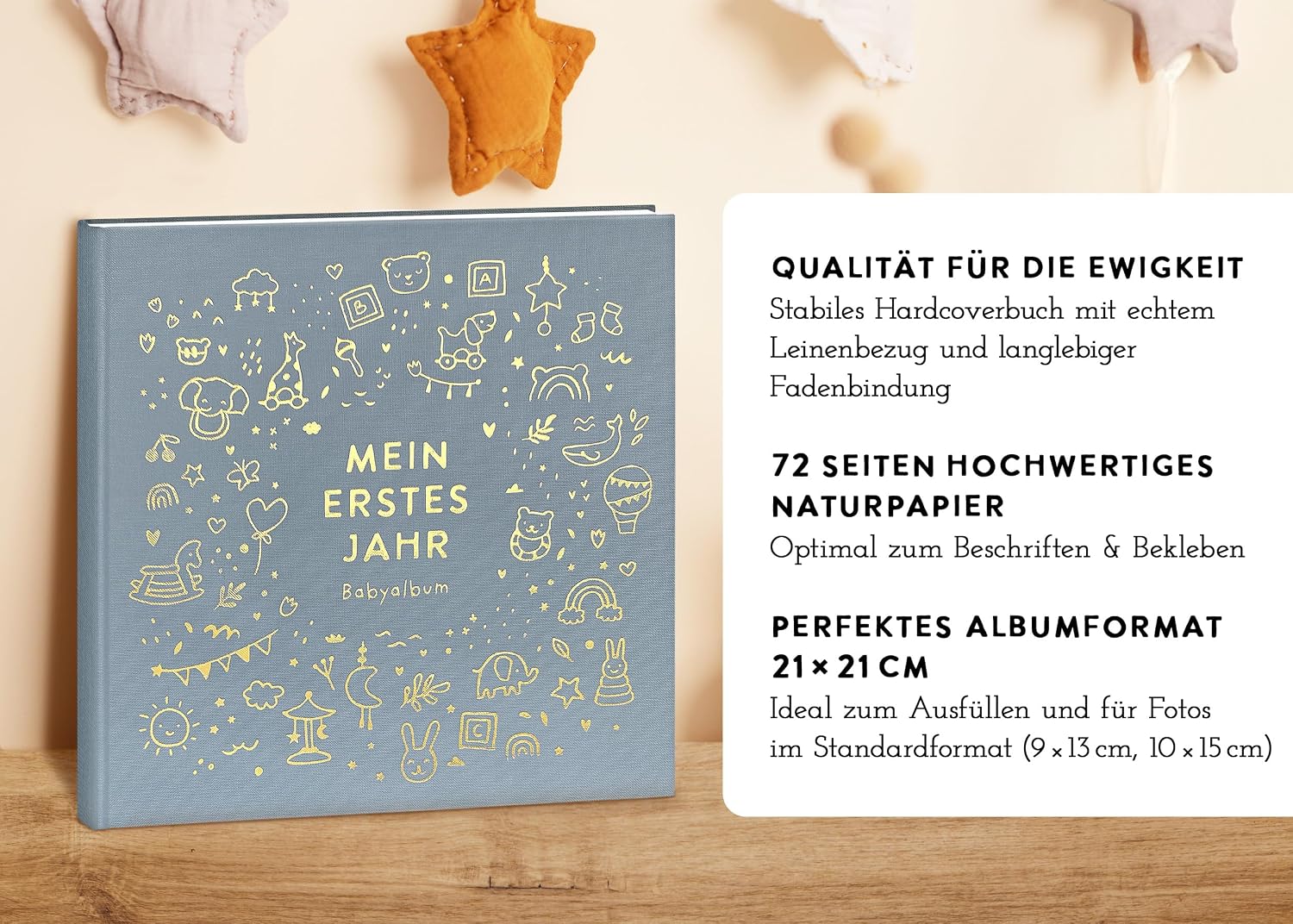 My First Year Baby Album - High-Quality Linen Book with Gold Embossing for the Most Beautiful Memories - Baby Book to Enter for the First Year of Life - Baby Gift for Birth (Toy Blue) – Bild 5