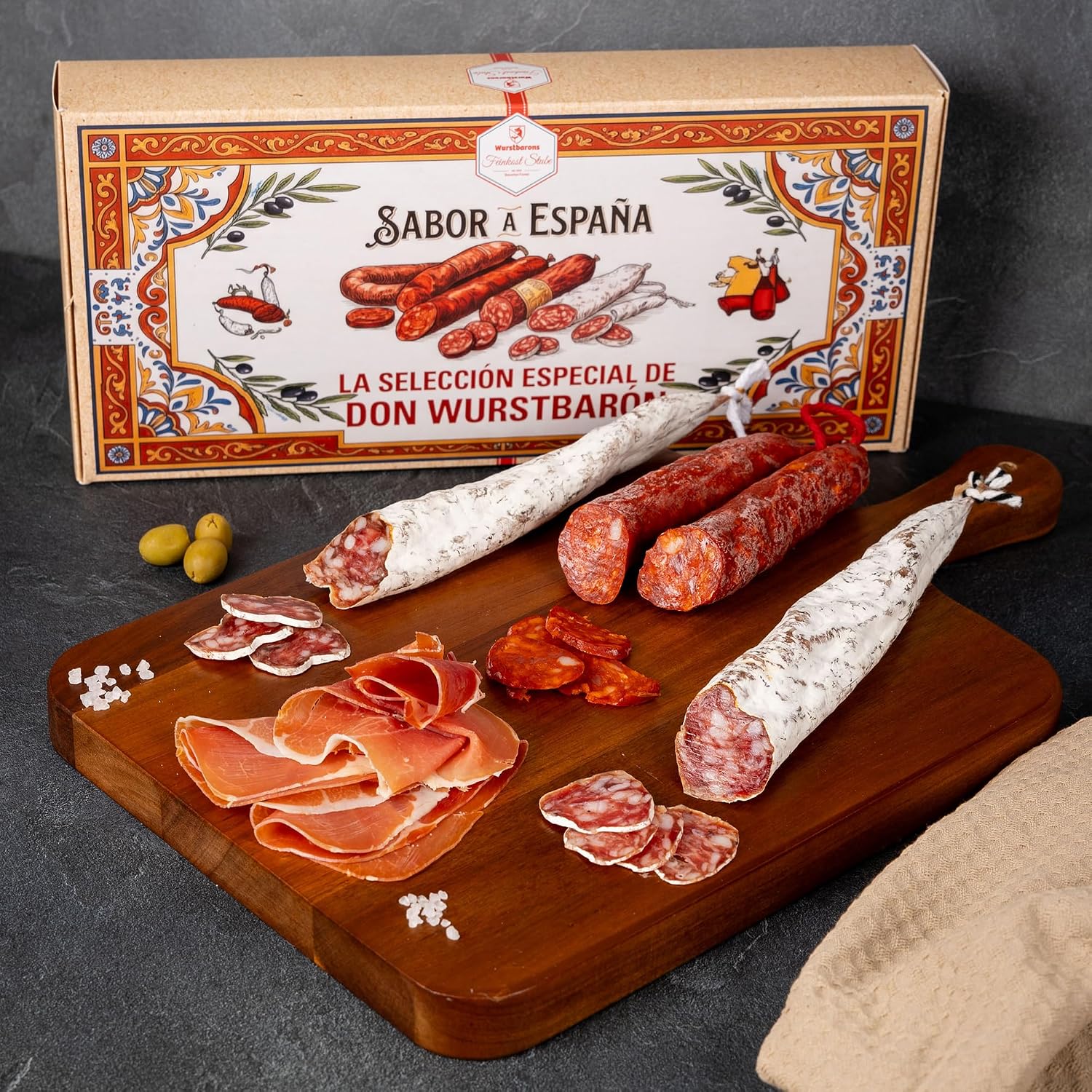 Wurstbaron Spanish Sausage Gift Set España Gourmet | Fuet Original + Fuet Truffle + Chorizo + Serrano | Gourmet Delicatessen from Spain | Gift Box for Meat Lovers – Bild 2
