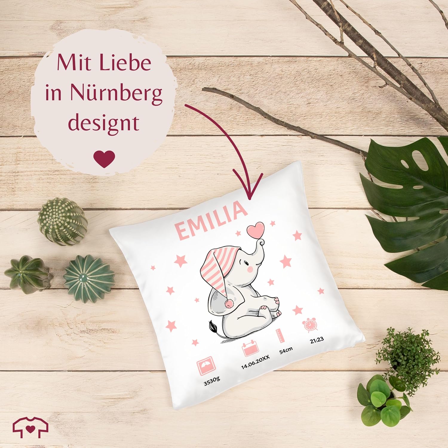 Cushion 40 x 40 cm Decorative Cushion - Elephant Birth Data with Name Gift for Birth Gift Idea I Money Gift for Birth - 40 x 40 cm - White - for Baby Personalised Baby Gift Birth Gift – Bild 7