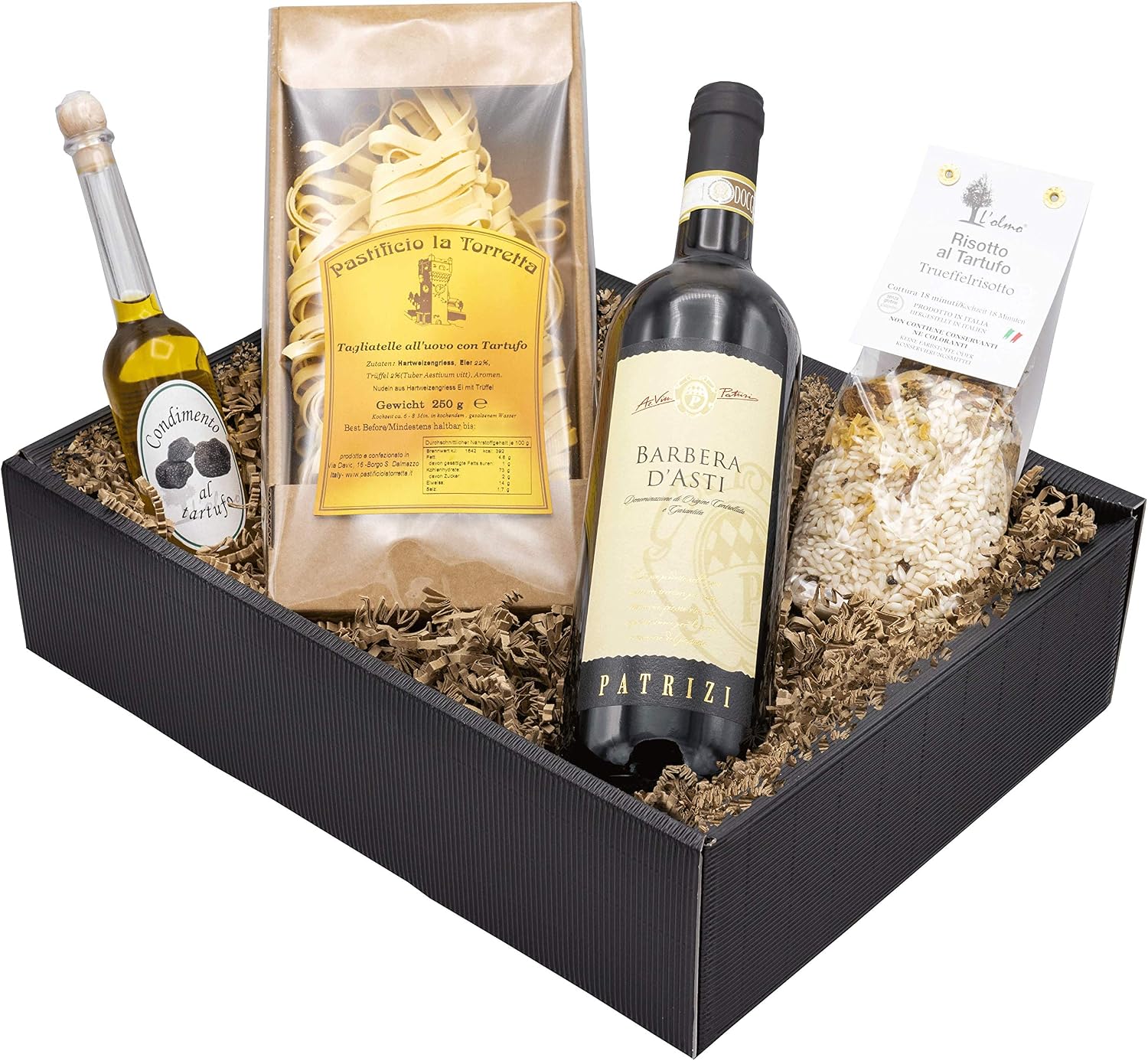 Weinpräsent Gift Basket "Truffle Search" with Italian Specialities: Italian Delicatessen and Barbera (13% Vol.) with Truffle Risotto, Spice Oil with Truffle, Dry 2017 (1 x 0.75 L)