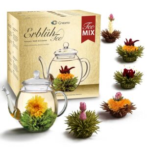 Creano Teeblumen Mix – Golden Gift Set Blooming Tea with Glass Teapot White, Green & Black Tea in 6 Varieties Gift for Women (Black, White, Green)