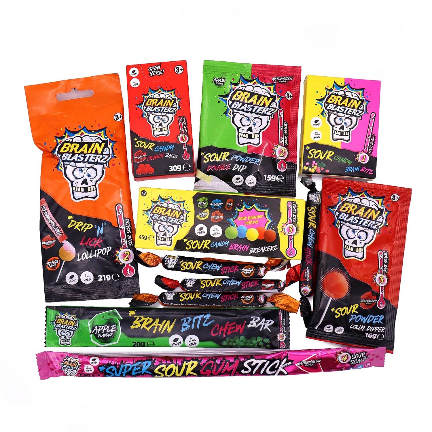 Brain Blasterz Sour Candy Small Gift Box, Brain Breakerz, Chew Bar, Lollipops, Sour Gum, Apple, Strawberry, Watermelon, Cola, Lemon, Orange, Halloween Candy – Bild 3