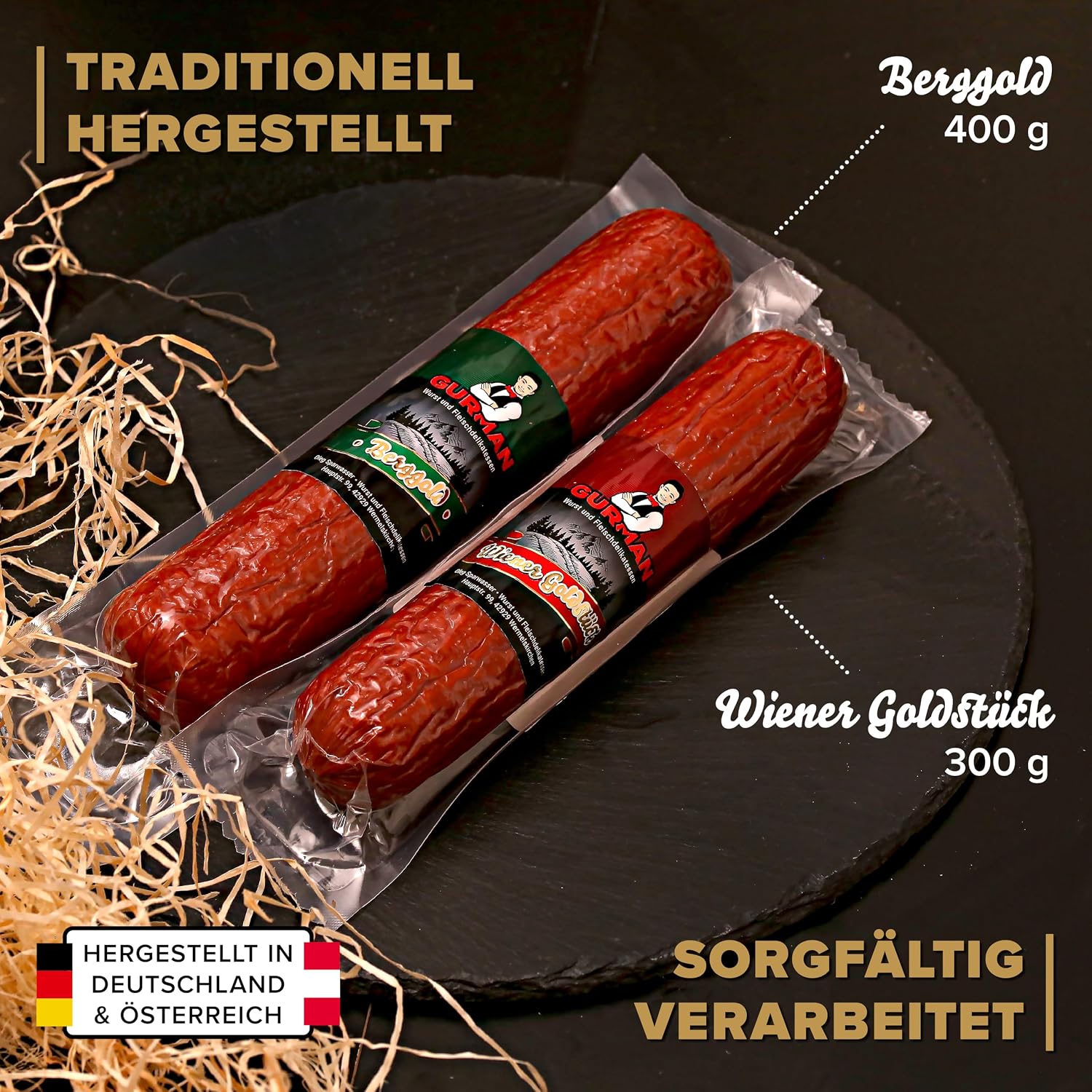 Salami Gift Box Tasting Box 700 g - Sausage Gift Set with 2 Cooking Salami Varieties (Berggold 400 g and Vienna Gold Piece 300 g) - Delicatessen Tasting Package - GURMAN – Bild 4