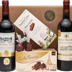 French Delights Gift Set, with French Red Wine (Bordeaux) Dry, Chocolate Truffle, Dark Chocolate, 2 x Figs in Chocolate, Gift Basket for Men and Women