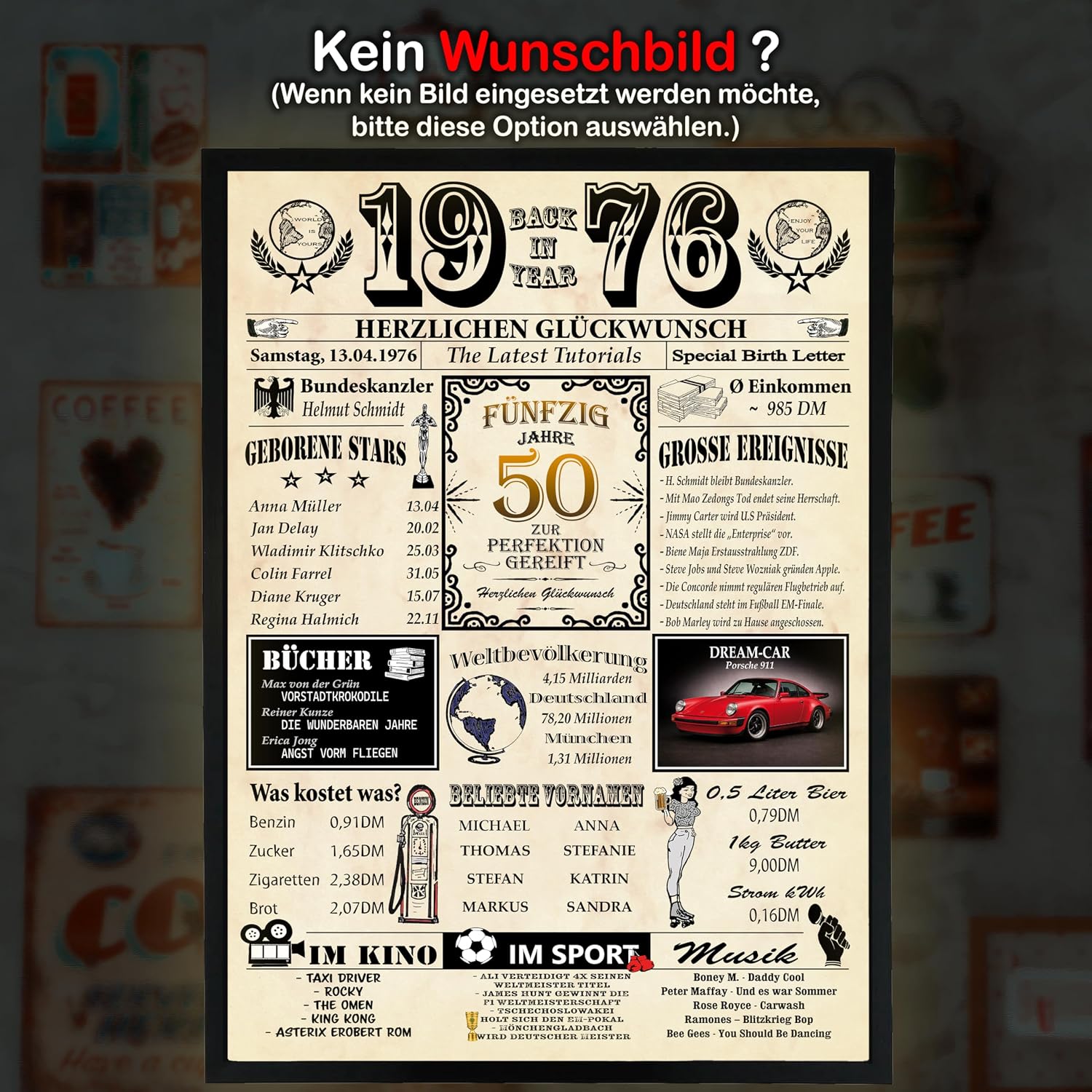 DUOMIO 50th Birthday | 1976 - 6 Fields PERSONALIZABLE! Back in Year 1976 - Year Chronicle - 50th Birthday Gift for Women & Men - Print on 400gsm Premium Paper – Bild 4