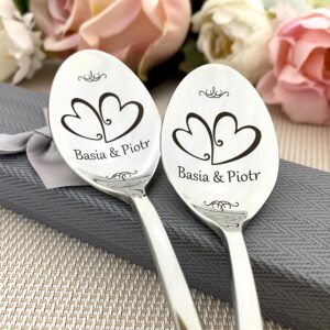 2 Personalised Engraved Wedding or Anniversary Spoons – Gift for Wedding, Anniversary, Grandparents, Parents – Name & Date – Custom Keepsake
