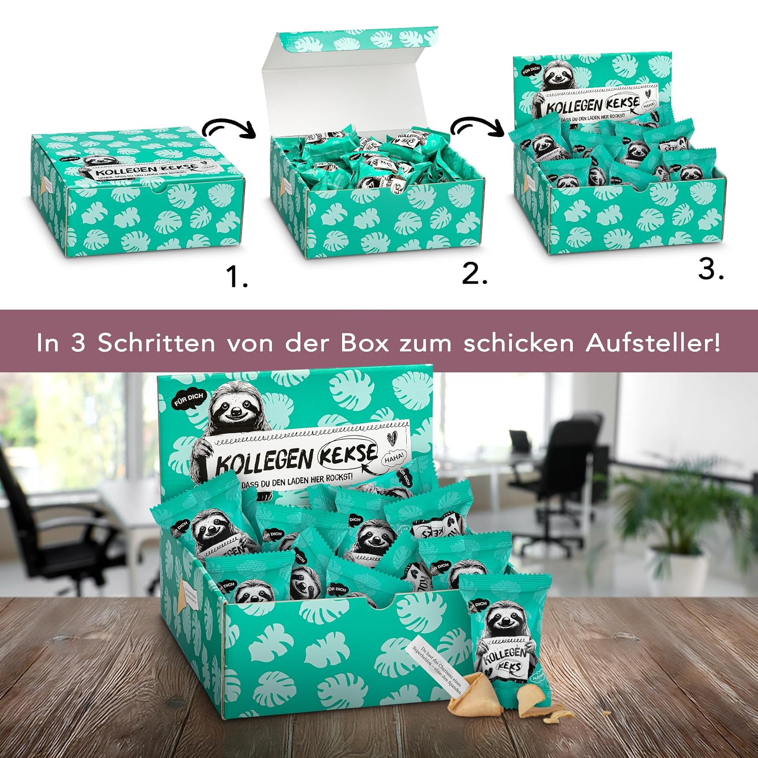 Lucky Cookies Colleagues Box of 25 Funny Colleagues Gift Office Lucky Cookies with Funny, Motivational Sayings for Colleagues and Employees as a Gift in the Office Vegan and Made in Germany – Bild 2