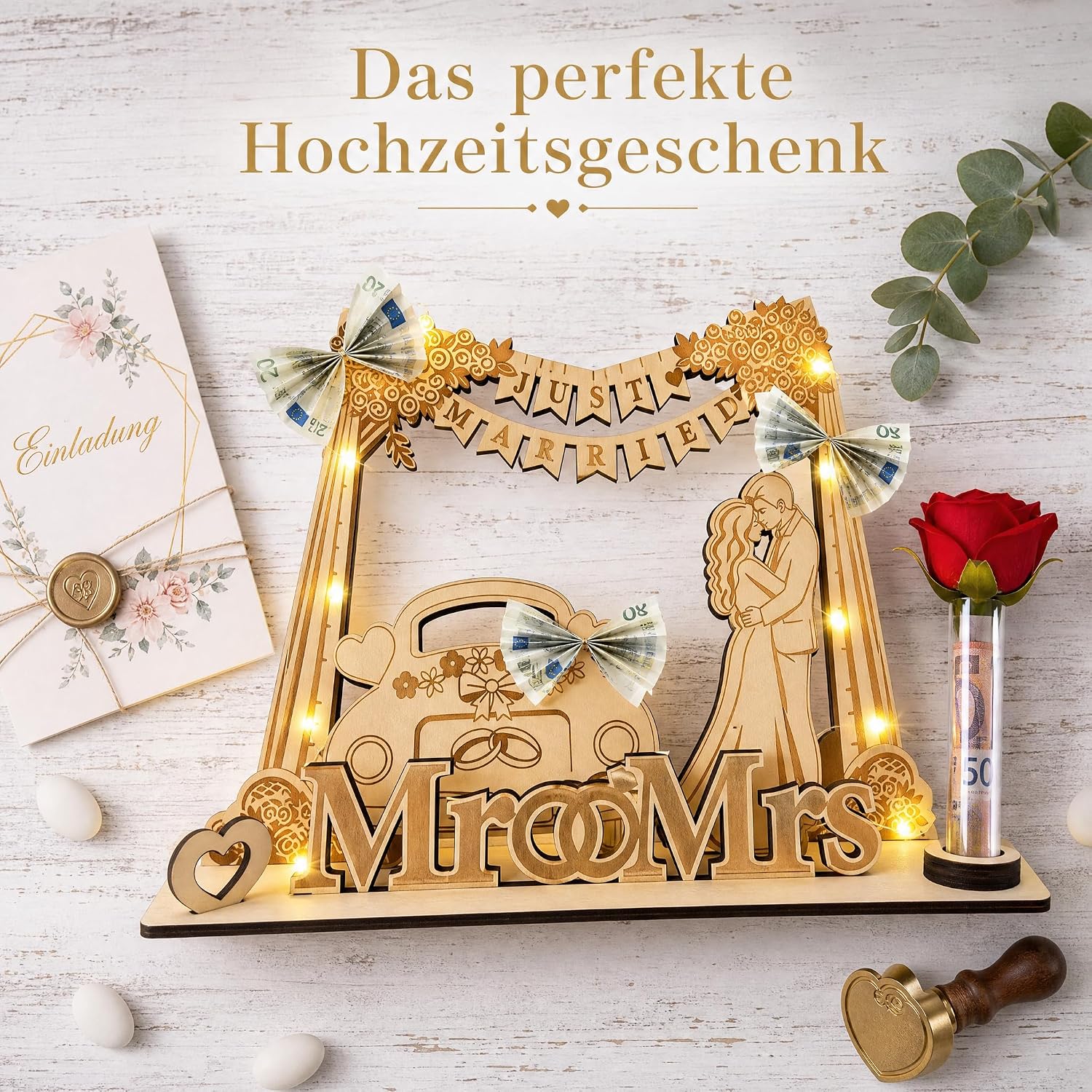 Money Gift Wedding Wooden with LED Fairy Lights, Wedding Gifts for Bride and Groom, Money Packaging, Wedding Car and Just Married Garland, Shaped, Romantic Gift for Wedding Anniversary – Bild 5