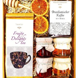 Gift Basket with Brazilian Coffee, Fruit Tea, Honey and Jam, Natural Gift Set in Decorative Basket, 23 x 18 x 8 cm