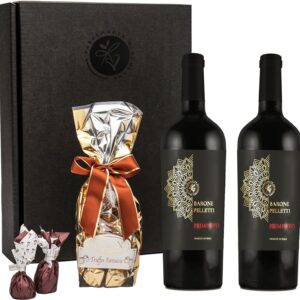 Primitivo Barone Pelletti Red Wine Gift Set with Chocolate Truffles & Figs in Chocolate, Gift Basket, Wine & Chocolate, Elegant Gift for Connoisseurs, Men & Women, Birthday, Christmas