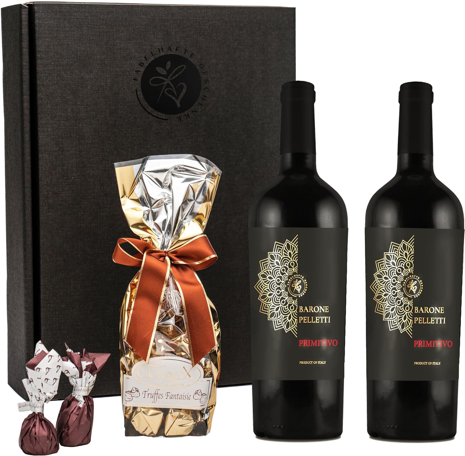 Primitivo Barone Pelletti Red Wine Gift Set with Chocolate Truffles & Figs in Chocolate, Gift Basket, Wine & Chocolate, Elegant Gift for Connoisseurs, Men & Women, Birthday, Christmas