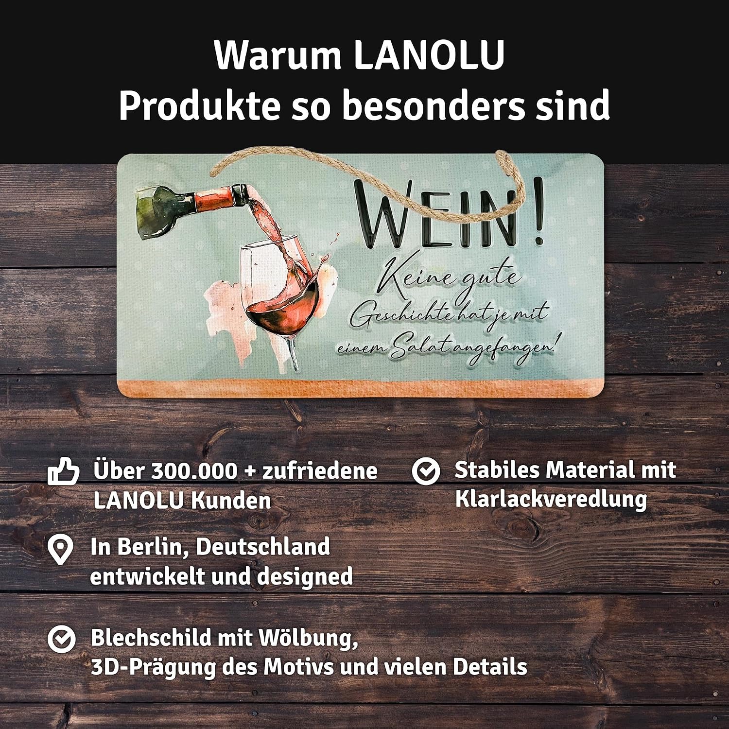 LANOLU Retro Tin Sign with Sayings Funny - WEIN! Keine gute Geschichte hat je mit einem Salat angefangen! - Vintage Metal Sign with Saying - Kitchen Picture and Shabby Chic Wall Decoration Kitchen 16 x 32 cm – Bild 4