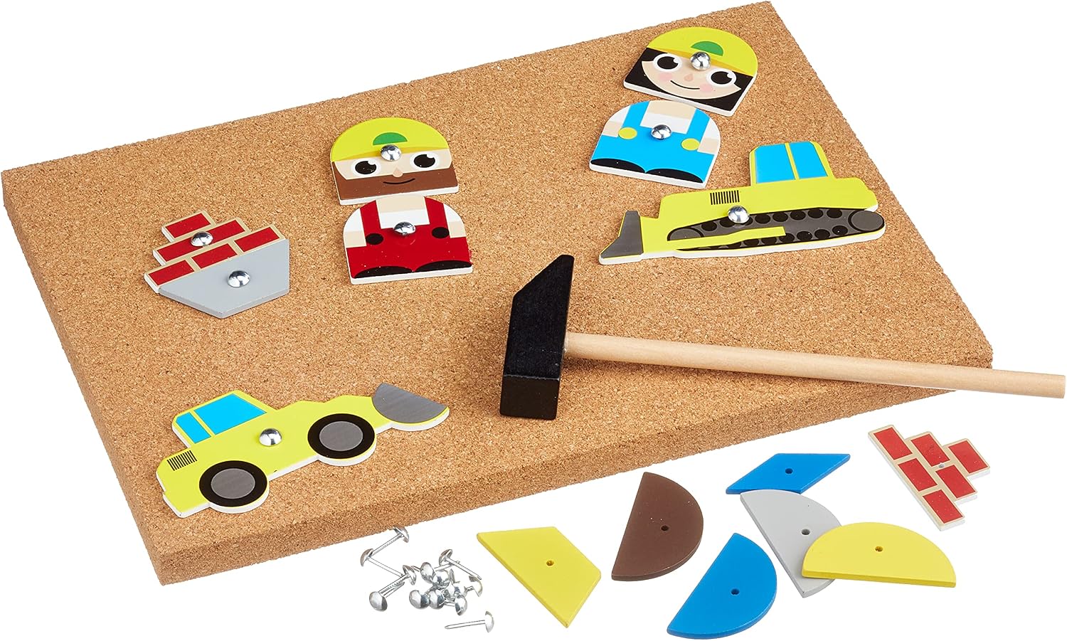 Lena 65828 Hammering Game, Building Site Game, Nail Game with 64 Pieces in 7 Shapes and 8 Building Site Parts, Cork Base Plate, Approx. 28 x 19.5 cm, hammer and nails, hammering game for children over 3 years – Bild 4