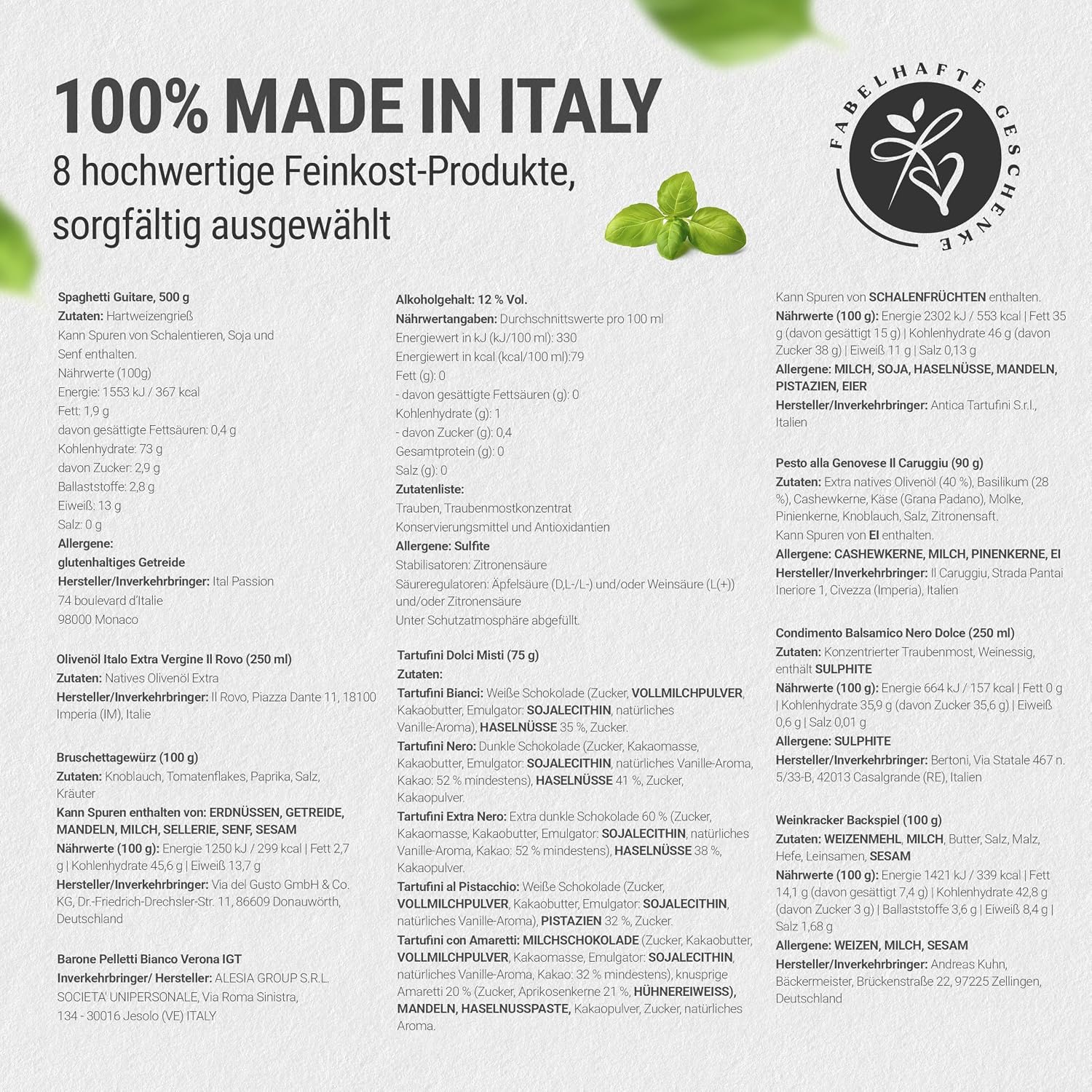 Thank You Gift Basket Bella Italia Filled with White Wine and Italian Delicatessen Gift Basket with Olive Oil, Aceto Balsamic, Pasta, Pesto, Tartufini with "Many Thank You" Banderole – Bild 4