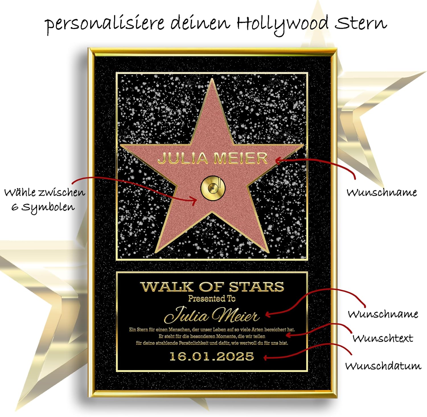 DUOMIO HOLLYWOOD Walk of Fame Star, Personalised Certificate Optional with Frame, 3 Sizes, Design, Theme, Text, Background Colour Selectable, Premium Paper Print, Gifts for Men / Women – Bild 2
