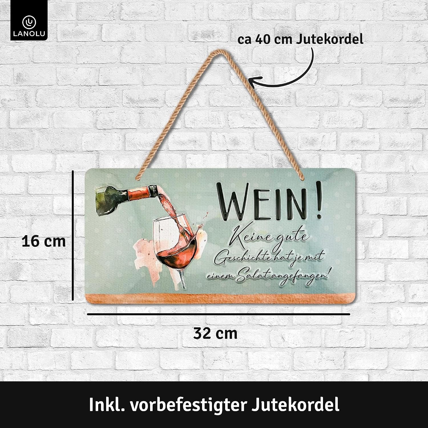 LANOLU Retro Tin Sign with Sayings Funny - WEIN! Keine gute Geschichte hat je mit einem Salat angefangen! - Vintage Metal Sign with Saying - Kitchen Picture and Shabby Chic Wall Decoration Kitchen 16 x 32 cm – Bild 5