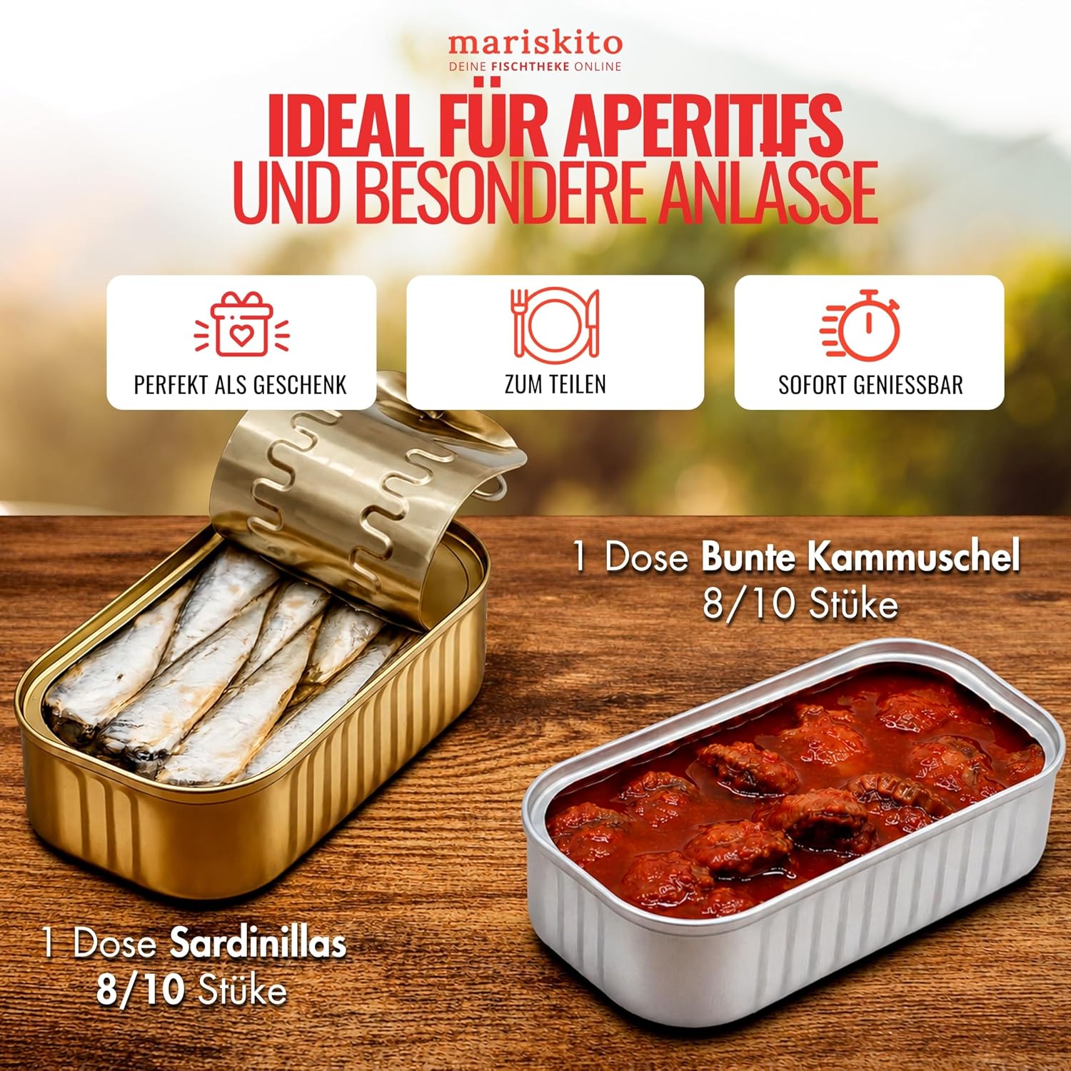 MARISKITO Galician Deli Preserves Set La Mar de Sensaciones - Gift Box 6 Premium Canned Foods - Mussels, Octopus, Ensis, Colourful Scallop, Tuna Belly Fillet, Sardinilla - Delicatessen – Bild 4