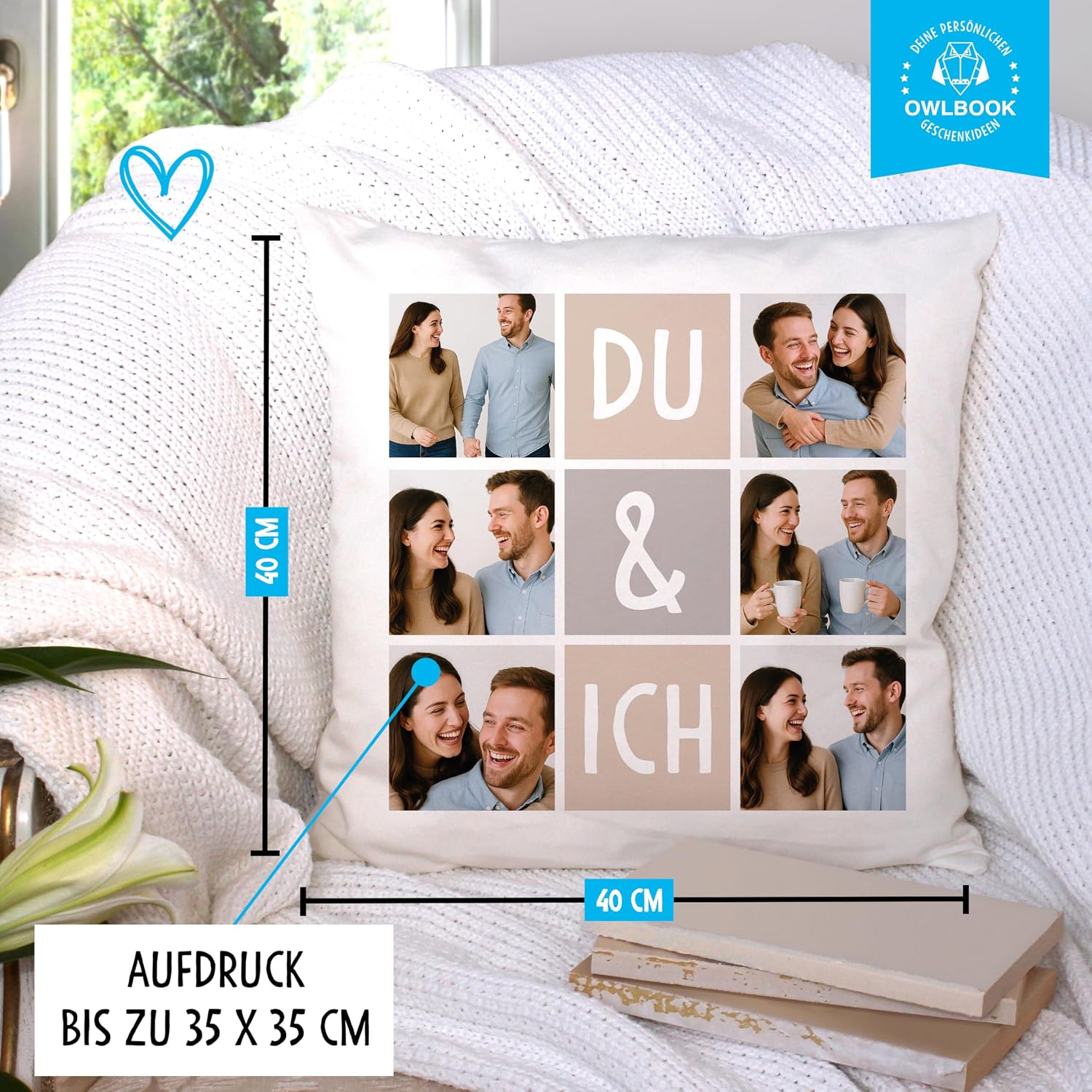 OWLBOOK Personalised Photo Cushion with 6 Photos & Text | Du & Ich Partner Gifts for Him and Her Couples with Own Photo as Valentine's Day Gift Cushion 40 x 40 plus Filling – Bild 6
