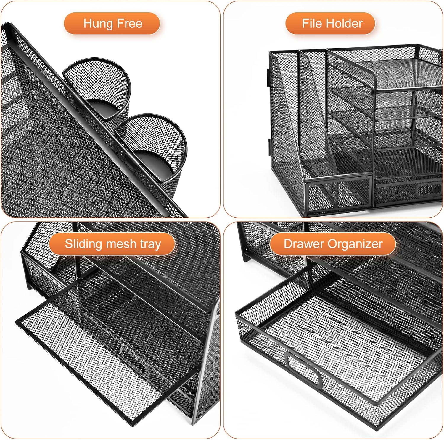Marbrasse Desk Organiser with File Holder, 5 Tier Paper Letter Tray with Drawer and 2 Pen Holders, Desk Mesh Storage Compartments Organiser with for Office Supplies (Black) – Bild 7