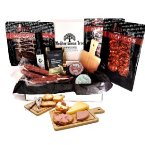 Spanish Gourmet Tapas Basket Box - Iberian Chorizo and Iberian Ham + Iberian Truffle Pies and Sweet Wine + 3 Pieces Fuets + Virgin Olive Oil + Gourmet Bread + Wooden Tapas Gift