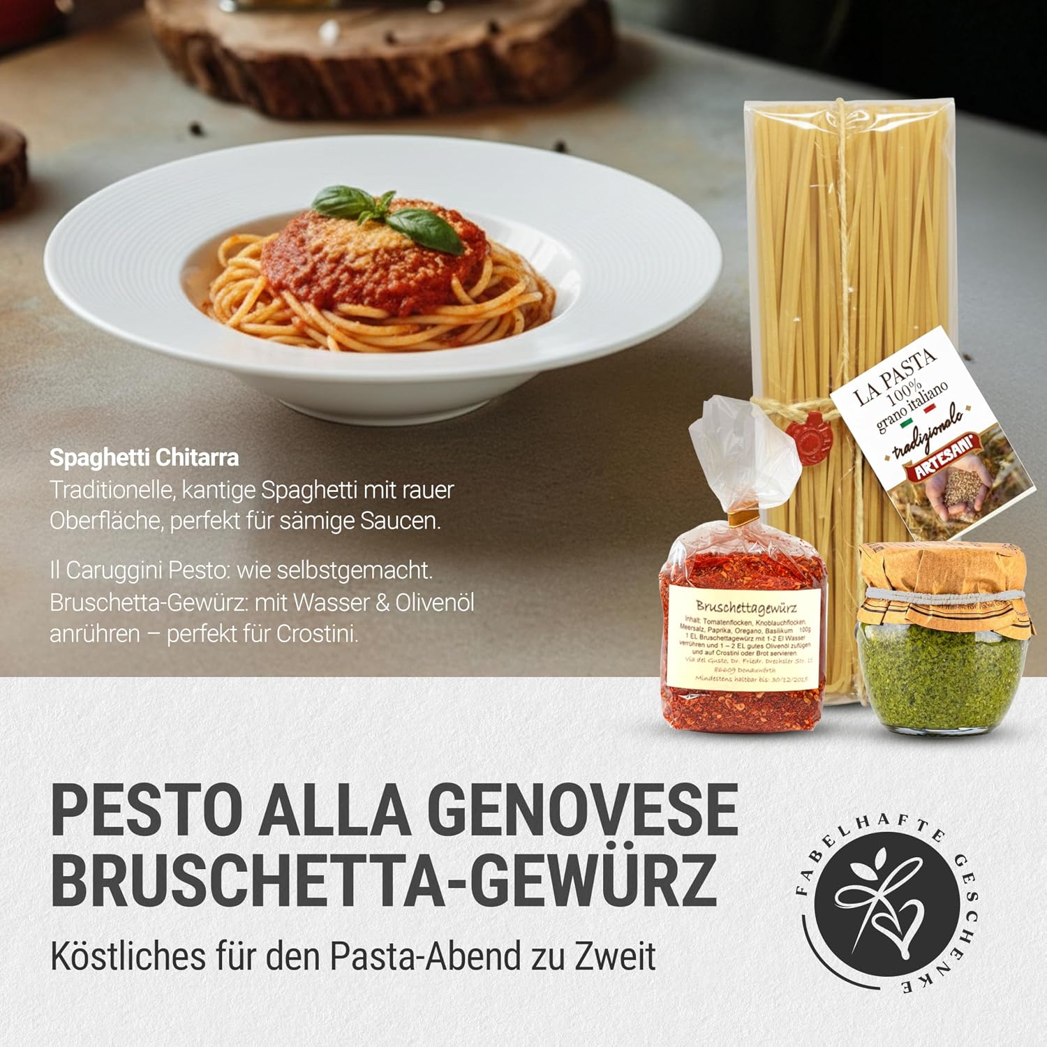 Bella Italia Gift Basket Filled with Red Wine and Italian Delicatessen - Gift Basket with Olive Oil, Aceto Balsamic, Pasta, Pesto, Tartufini, Wine Gift for Men and Women, Pasta Gift Set – Bild 5
