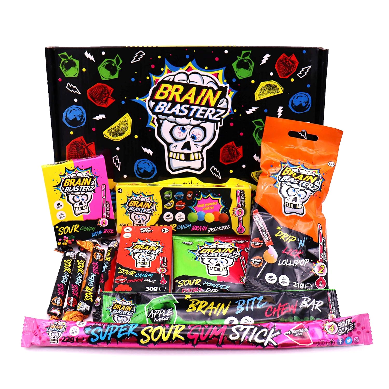 Brain Blasterz Sour Candy Small Gift Box, Brain Breakerz, Chew Bar, Lollipops, Sour Gum, Apple, Strawberry, Watermelon, Cola, Lemon, Orange, Halloween Candy