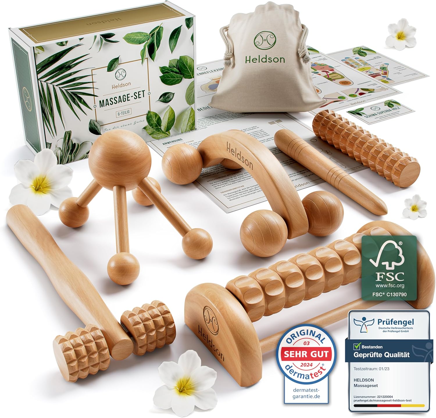 HELDSON Wooden Massage Set 6 Pieces - Massage Set for Foot, Head & Back