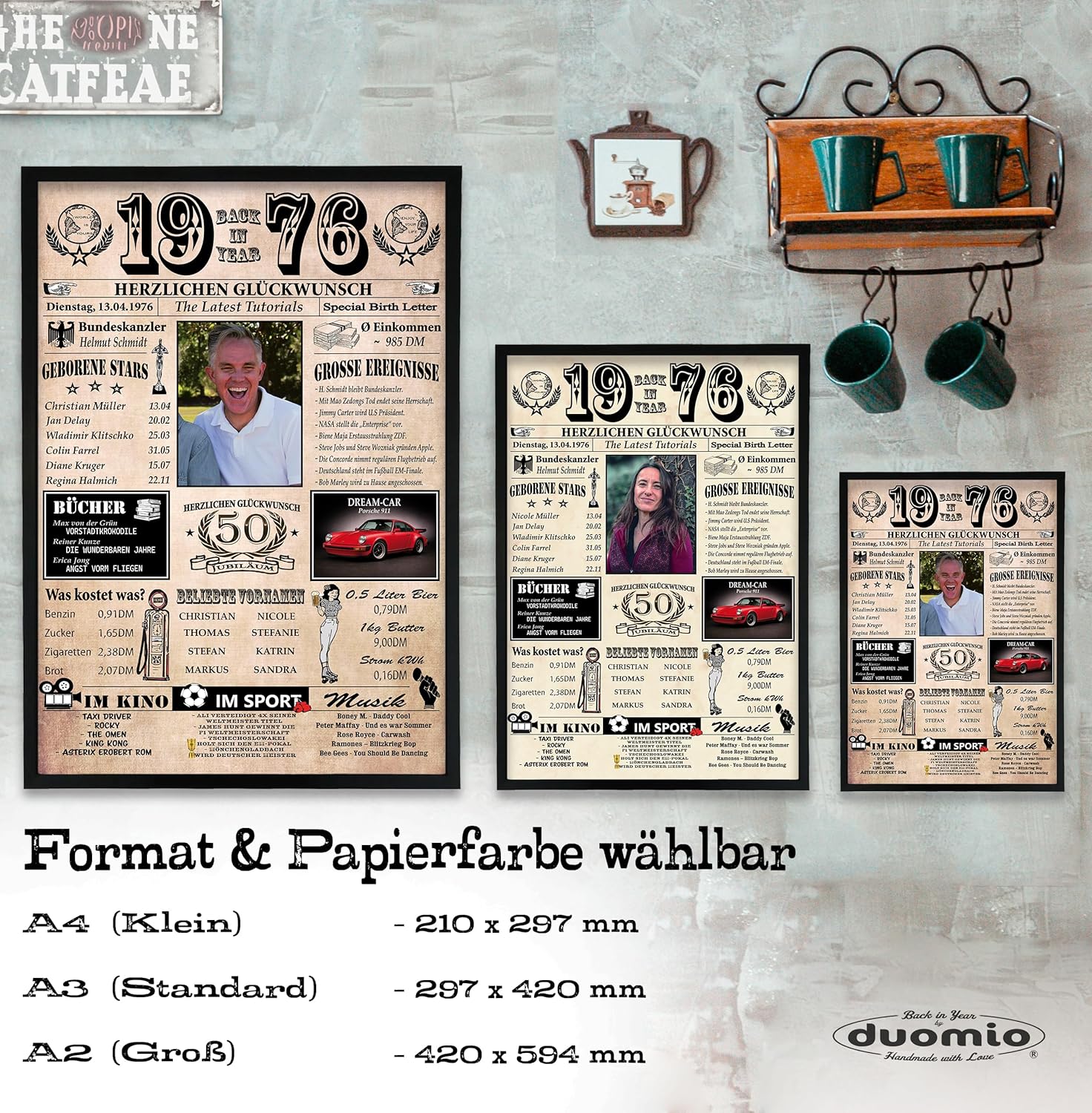 DUOMIO 50th Birthday | 1976 - 6 Fields PERSONALIZABLE! Back in Year 1976 - Year Chronicle - 50th Birthday Gift for Women & Men - Print on 400gsm Premium Paper – Bild 3