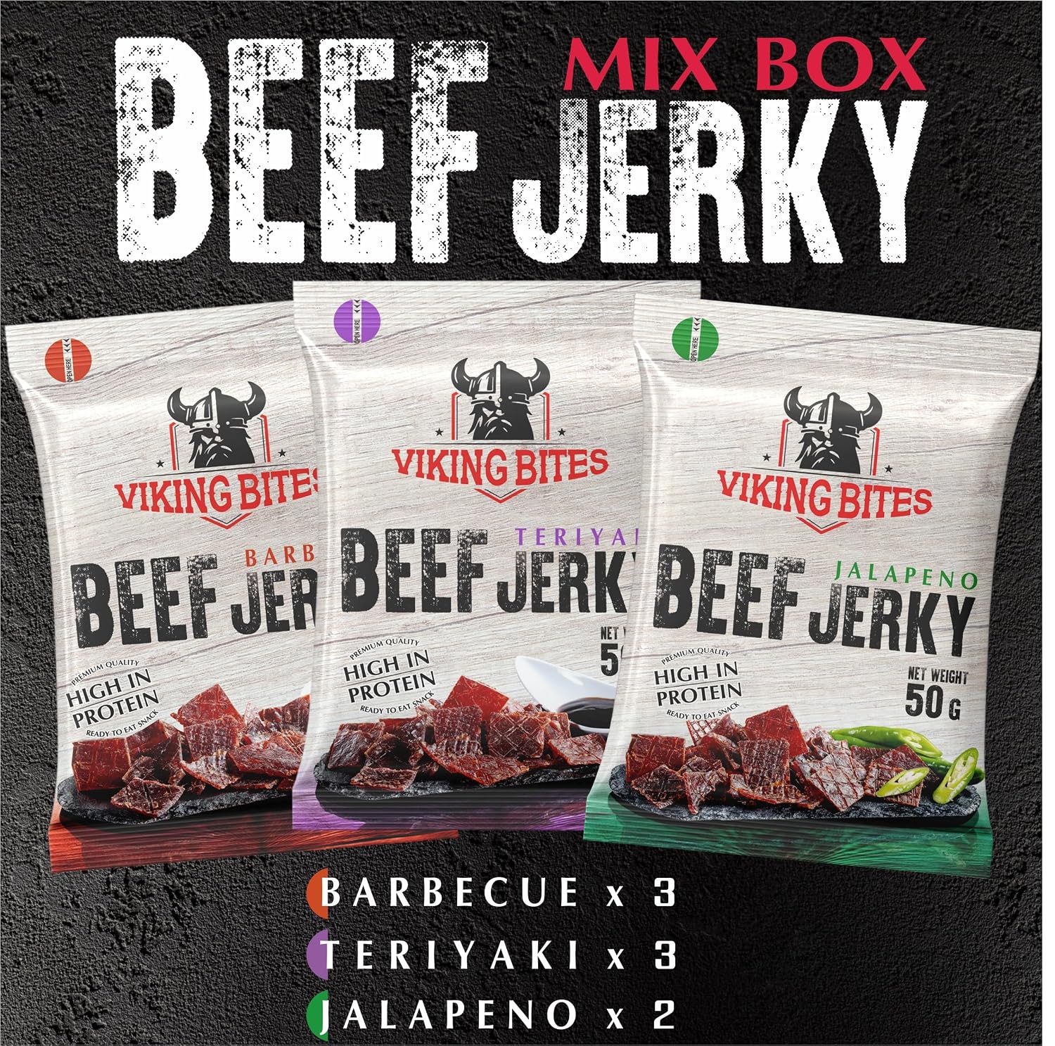 Viking Bites Beef Jerky Mixed Box 400 g (8 x 50 g) - 3 x Barbecue, 3 x Teriyaki, 2 x Jalapeno - Dried Beef - High Protein Meat Snack – Bild 3
