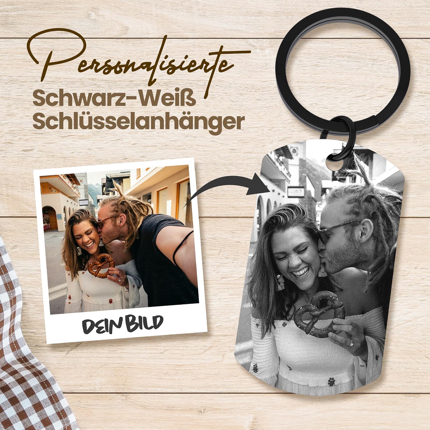 Meinearmbänder Personalised Stainless Steel Keyring with Black/White Picture and Date - Valentine's Day & Anniversary Gift for Him & Her - Partner Gifts - Personalised Gifts – Bild 2