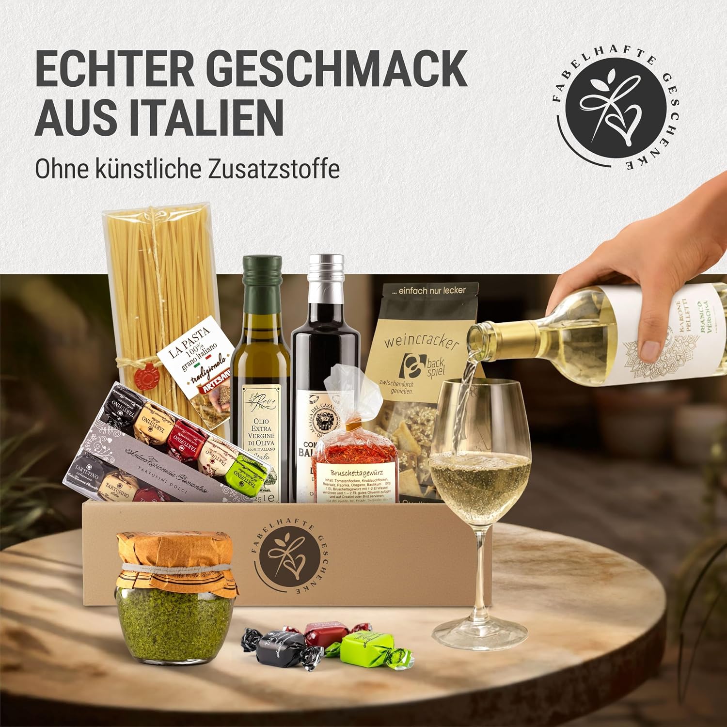 Thank You Gift Basket Bella Italia Filled with White Wine and Italian Delicatessen Gift Basket with Olive Oil, Aceto Balsamic, Pasta, Pesto, Tartufini with "Many Thank You" Banderole – Bild 2