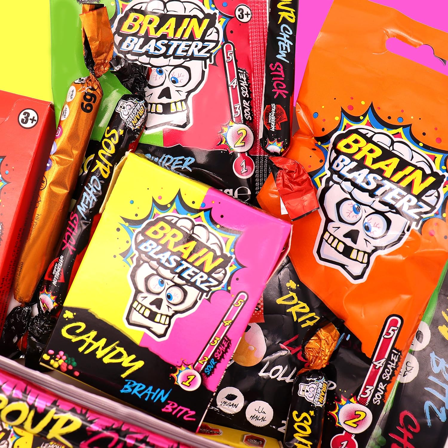 Brain Blasterz Sour Candy Small Gift Box, Brain Breakerz, Chew Bar, Lollipops, Sour Gum, Apple, Strawberry, Watermelon, Cola, Lemon, Orange, Halloween Candy – Bild 4