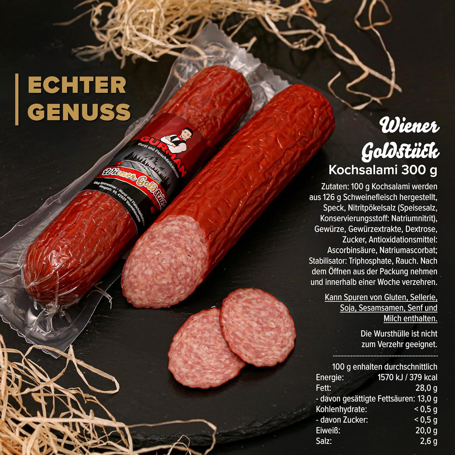 Salami Gift Box Tasting Box 700 g - Sausage Gift Set with 2 Cooking Salami Varieties (Berggold 400 g and Vienna Gold Piece 300 g) - Delicatessen Tasting Package - GURMAN – Bild 6