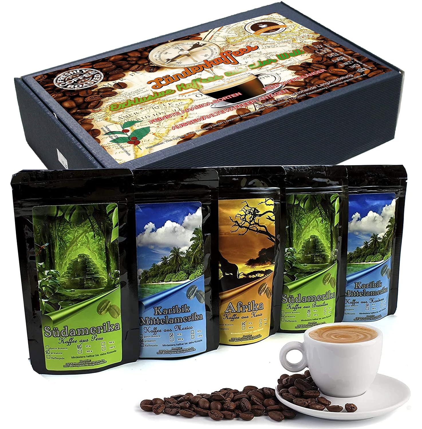 C&T Coffee Gift Set – 5 Different Coffees from Around the World – Whole Beans – Single Origin Coffee Freshly Roasted in Drum Roasting Process – Tasting Package & Gift for Men and Women