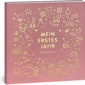 My First Year Baby Album – High-Quality Linen Book with Gold Embossing for the Most Beautiful Memories – Baby Book to Enter for the First Year of Life – Baby Gift for Birth (Toy Rose)