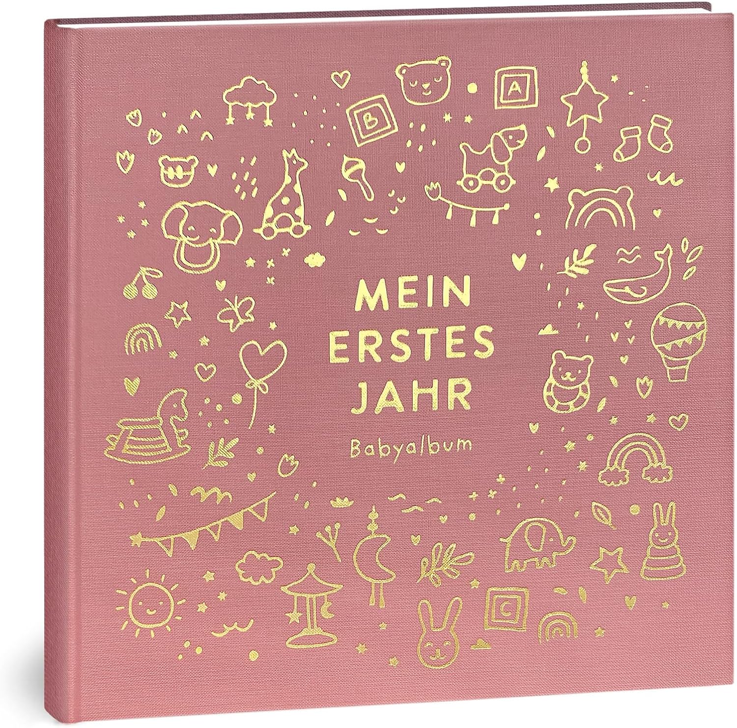 My First Year Baby Album - High-Quality Linen Book with Gold Embossing for the Most Beautiful Memories - Baby Book to Enter for the First Year of Life - Baby Gift for Birth (Toy Rose)