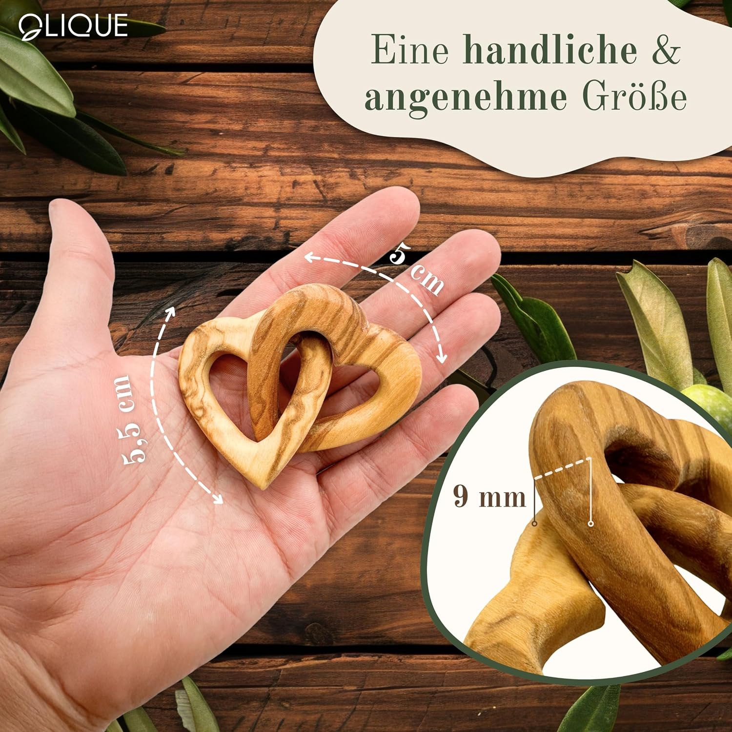 Wooden Hearts, Olive Wood - Connected Wooden Hearts as an Individual Gift for Wedding, Anniversary or Engagement (5 cm) – Bild 2
