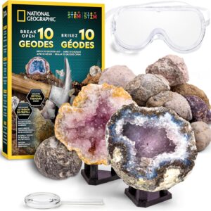 NATIONAL Geographic 10 Premium Break Up Geodes – Includes Goggles & Stand – Mint Experiment Kit, Geology Gift for Kids