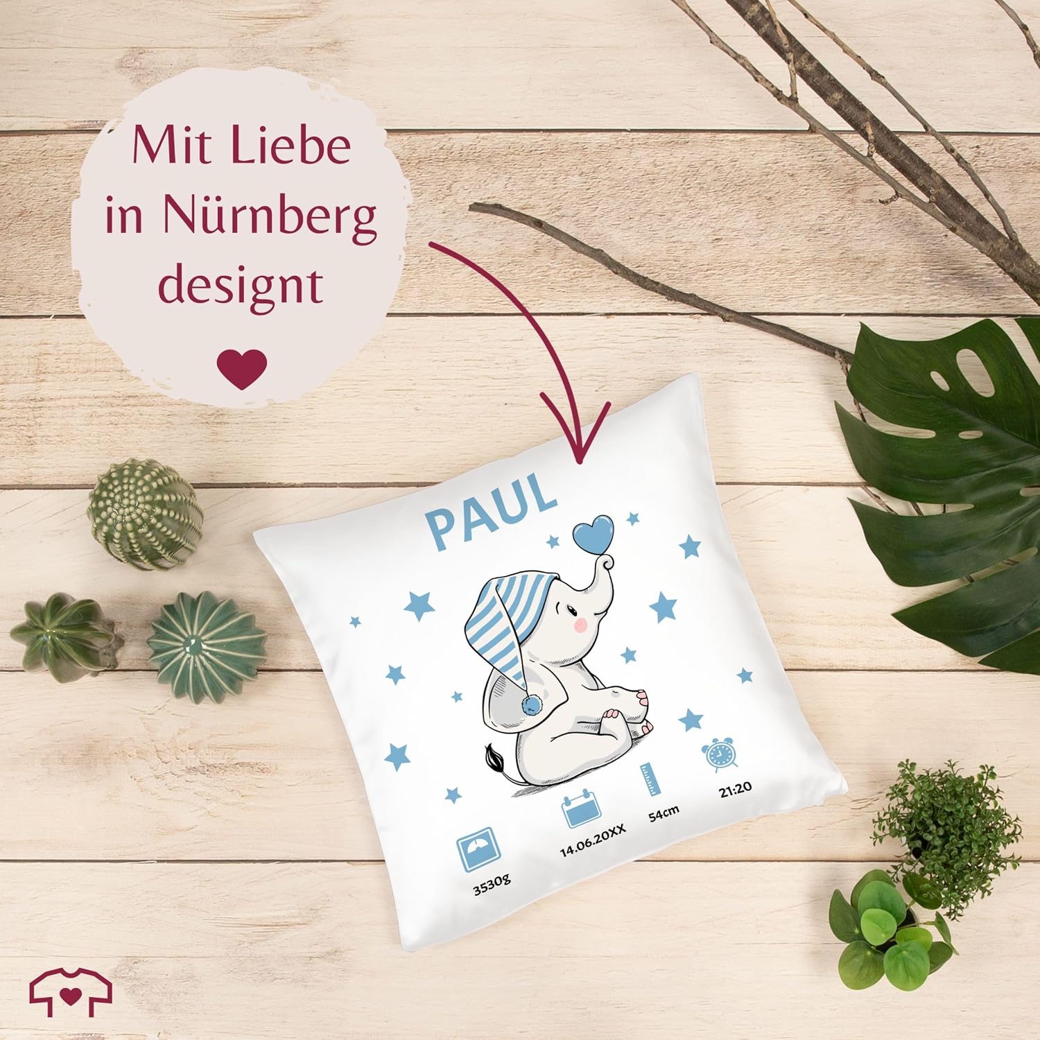 Cushion 40 x 40 cm Decorative Cushion - Elephant Birth Data with Name Personalised I Gift for Birth - 40 x 40 cm - White - Personalised Baby Gift Birth Gift and Weight – Bild 7