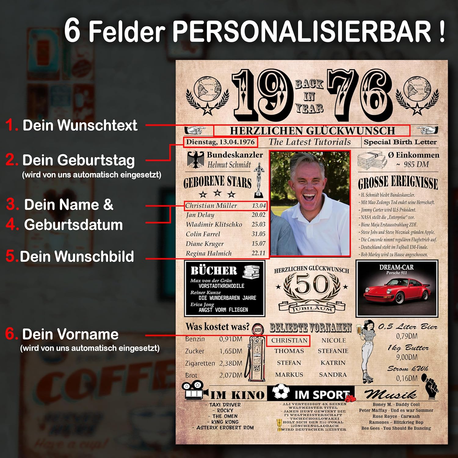 DUOMIO 50th Birthday | 1976 - 6 Fields PERSONALIZABLE! Back in Year 1976 - Year Chronicle - 50th Birthday Gift for Women & Men - Print on 400gsm Premium Paper – Bild 2