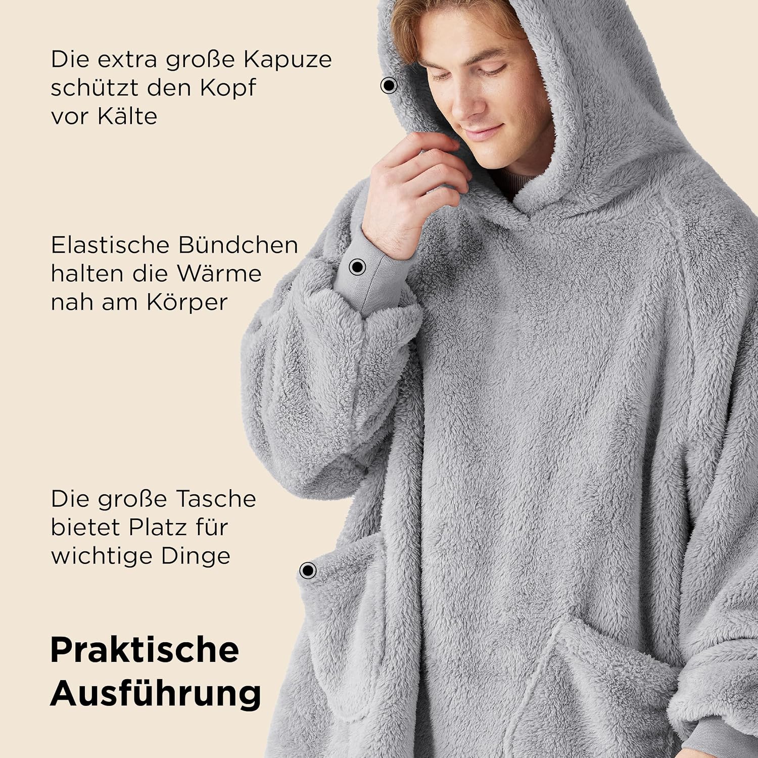 BEDSURE Blanket with Sleeves, Pullover, Grey, Sweatshirt Blanket, Hoodie, Cuddly Blanket with Sleeves, Adult Sleeve Blanket, Soft Warm, Full Body TV Blanket – Bild 6
