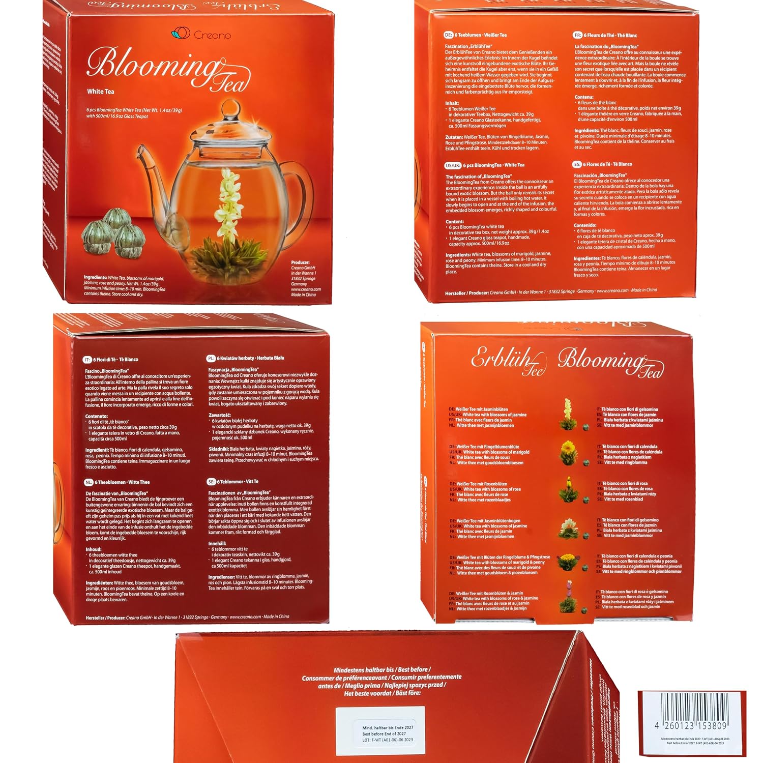 Creano Gift Set Blooming Tea Flower Mix in Wooden Box in Heart Shape - 6 Varieties White Tea Including Glass Teapot 500 ml, Gift for Women, Mother, Tea Lovers – Bild 7