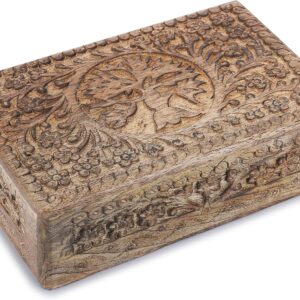 Ajuny Wooden Box Hand-Carved Decorative with Tree of Life Carvings, Versatile Jewellery Storage Box, Trinket Holder or Watch Box, Ideal as a Gift