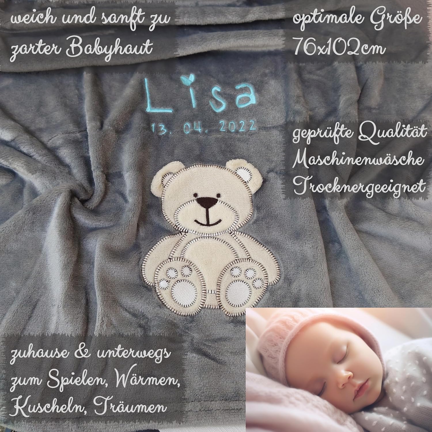 Baby Blanket with Embroidered Name + Encore, Cuddly Blanket Personalised as a Gift for Baby, Christening & Birth for Newborn Boys and Girls – Bild 5