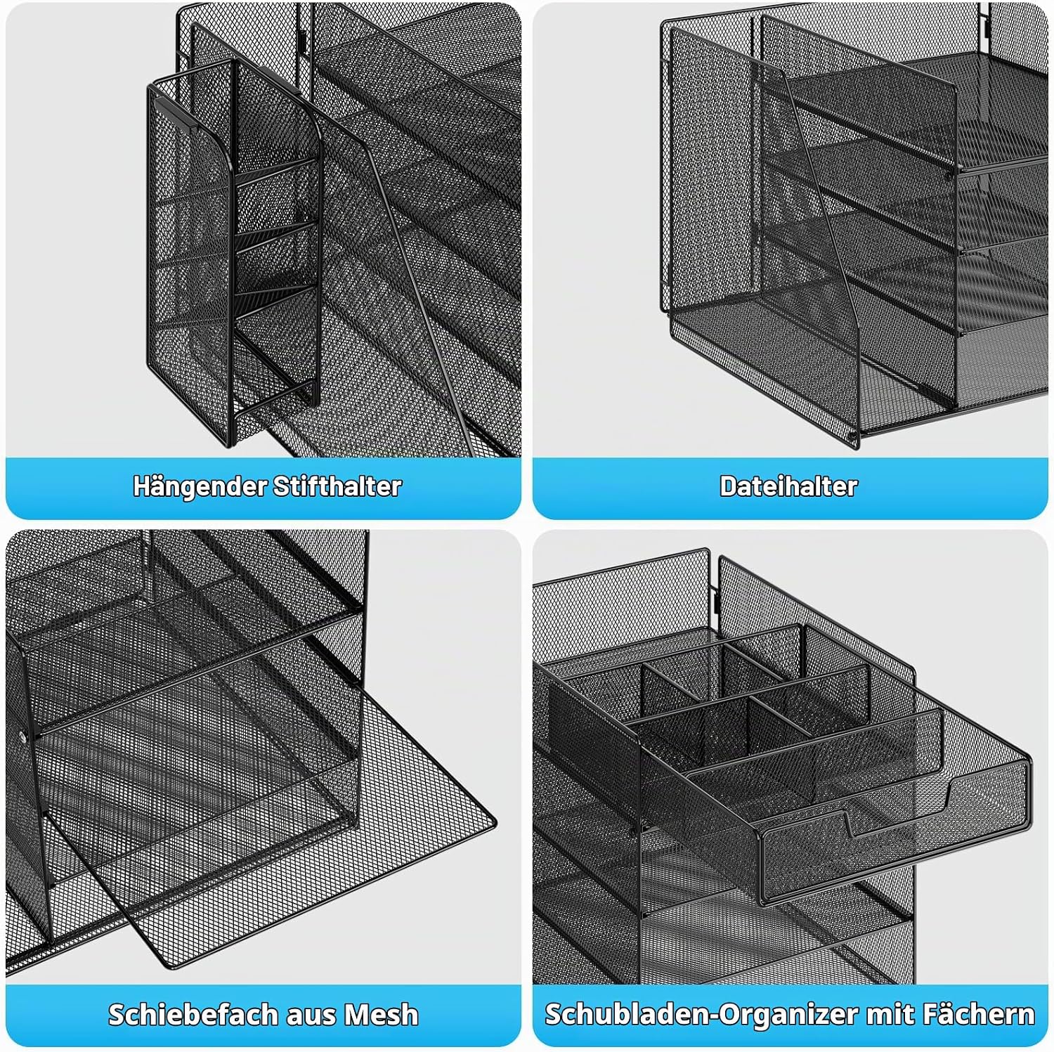 Marbrasse Desk Organiser with File Holder, 4-Tier Letter Tray Storage Compartments, Compartment Drawers, Hanging Pen Holder, Mesh Desk Paper Shelf for Home, Office, Supplies, Document Tray (Black) – Bild 5