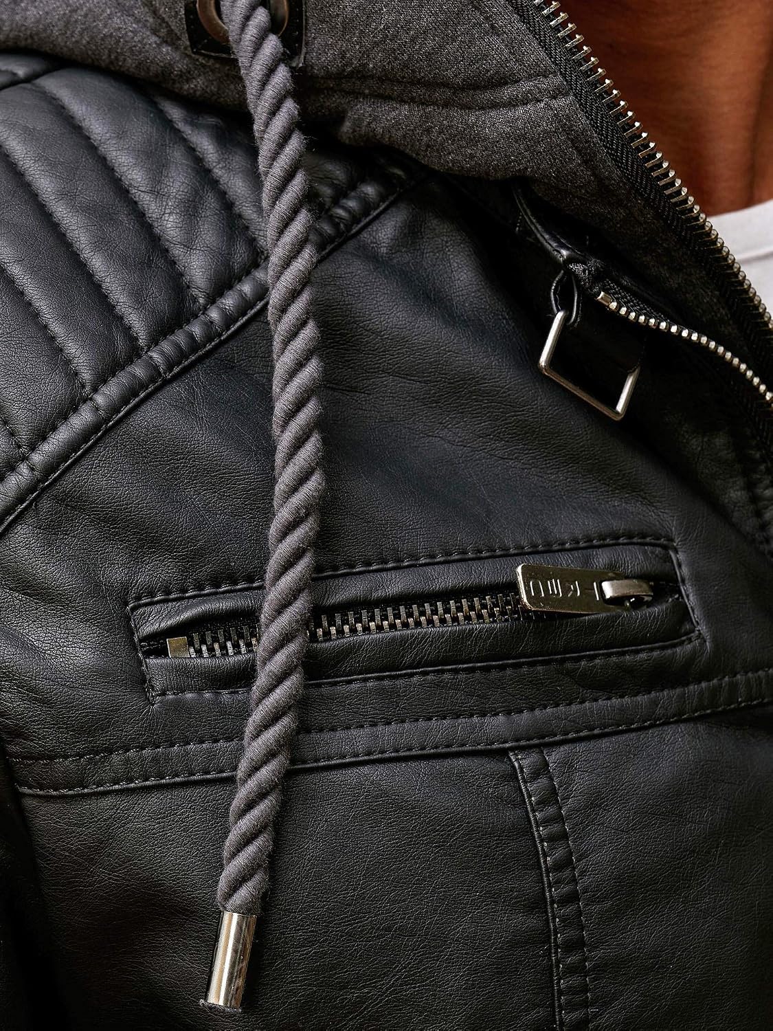 Redridge Robust Faux Leather Biker Jacket with Removable Hood – Bild 7