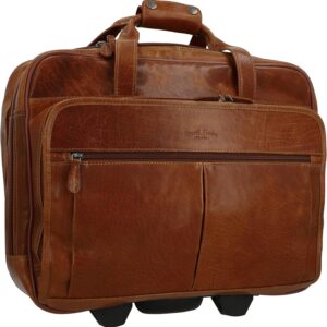 Gusti Leder Trolley Suitcase Hand Luggage – Genuine Leather Cabin Suitcase with Wheels – Business Trolley & Briefcase with Laptop Compartment for Travel and Work