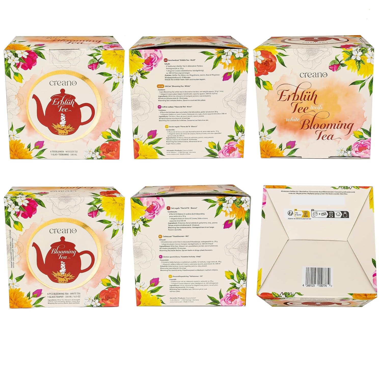 Creano Tea Flowers Gift Set, Flower Design, Blooming Tea Spring Reading with 500 ml Glass Jug and 6 x White Tea, Gift for Valentine's Day, Mother's Day – Bild 2