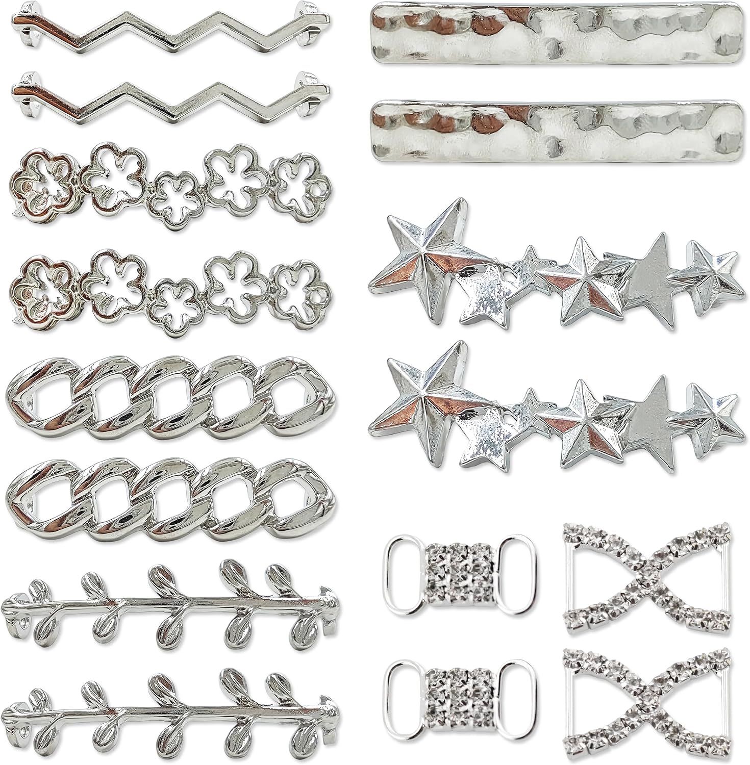 Shoelace Charms, Pack of 16 Laces Pendants with Artificial Rhinestones, Silver Shoelaces Buckle Shoe Charms Shoe Clips Jewellery for Trainers Casual Shoes Women Men
